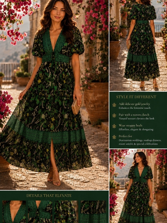 entro Dresses & Skirts - entro Dark Green Floral V-Neck Maxi Dress with Black Accents